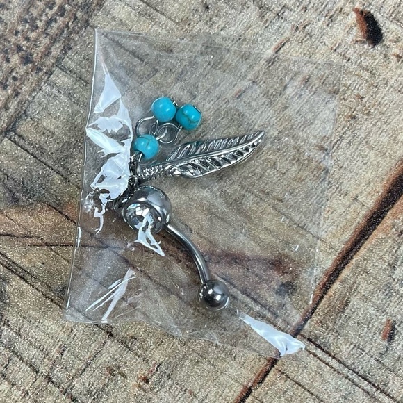 NEW Belly Button Barbell Ring Feather Turquoise Boho Gem Jewel Bundle Set - Picture 2 of 5